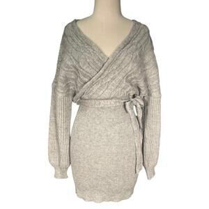 GUESS Cable Knit Wrap Sweater Dress Gray Bell Sleeve Tie Waist Small Cozy Chic
